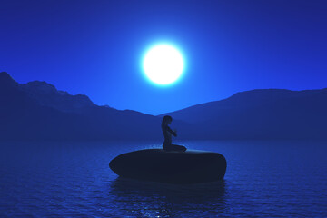 Wall Mural - 3d female in yoga pose on stepping stone against night sky