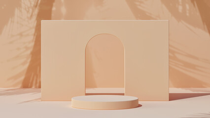 Wall Mural - Podium on the background of a wall with an arch in pastel tones. 3d render
