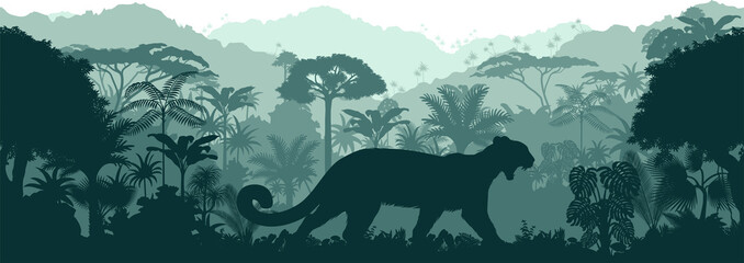 Vector horizontal seamless tropical rainforest Jungle background with puma