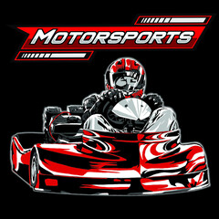 go-kart racing on black background for poster, t-shirt print, business element, social media content, blog, sticker, vlog, and card. vector illustration.