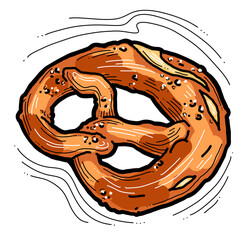 Wall Mural - Tasty brezel for Oktoberfest celebration. Baked snack, bread for cafe, restaurant menu. Beer food for happy party people. Hand drawn illustration. Cartoon style line drawing.