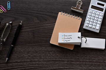 Poster - there is word card with the word secure socket layer on the desk.