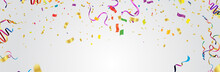 Many Falling Colorful Tiny Confetti And Ribbon Isolated On Background. Vector. Multi Colored
