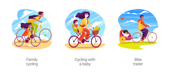 Wall Mural - Family cycling isolated cartoon vector illustration set