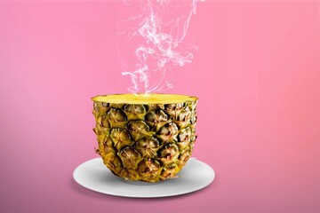 Sticker - Cup made of pineapple against background. Original pineapple decoration. Creative summer idea. Minimal style. Fruit concept.