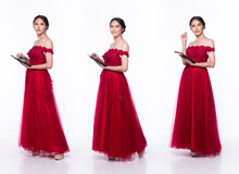 Full Length Body Of Asian Beautiful Woman Wear Red Evening Sequin Gown, Working Digital Tablet