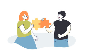 Poster - Man and woman connecting jigsaw pieces. Partners finding solution together flat vector illustration. Teamwork, partnership, relationship concept for banner, website design or landing web page