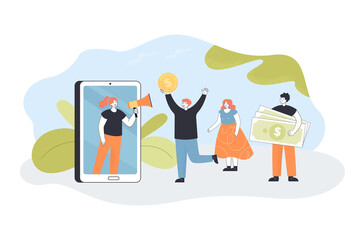 Poster - Tiny people carrying money to girl asking for donation online. People donating money via mobile phone flat vector illustration. Crowdfunding and fundraising concept for banner, website design