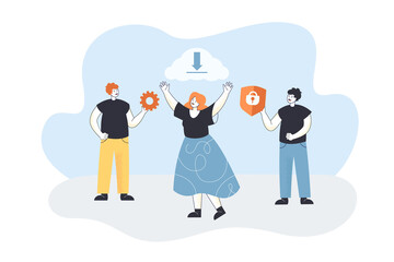 Poster - happy woman downloading data from cloud storage. people holding symbols of settings and protection o
