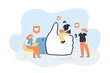 Tiny people getting or clicking likes on their devices. Man and women using social networks on laptops and smartphone at thumb up sign flat vector illustration. Social networking concept for banner