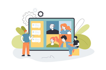 Poster - tiny men having conversation with colleagues in group chat. two managers having video conference onl