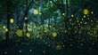 Abstract and bokeh light firefly flying in the forest. Fireflies (Lampyridae) flying in the bush at night time in Thailand.Long exposure photo.