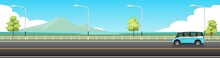 Happy Family Travels With Car For Banner. Car Van For Travel.  Asphalt Road Near The Sea Beach With Island Under Clear Sky Surrounded By Green Grass And Trees. Copy Space Flat Vector.