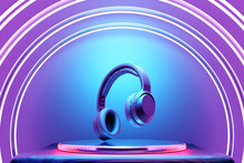 3d Illustration Of Black  Headphones On Circle Podium.   On  Purple   Isolated Background On Whiteneon  Lights. Headphone Icon Illustration