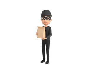 Poster - Robber character holding paper containers for takeaway food in 3d rendering.