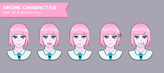 Design of a female cheerful anime character with the bob cut hairstyle showing different expressions and emotions.