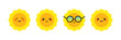 Set, collection of cute and happy cartoon style yellow sun characters for summer, vacation, weather design.
