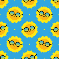 Wall Mural - Cute and happy cartoon style sun characters in sunglasses and dots vector seamless pattern background for summer, vacation, weather design.