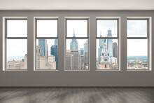 Empty Room Interior Skyscrapers View Cityscape. Downtown Philadelphia City Skyline Buildings From High Rise Window. Beautiful Real Estate. Day Time. 3d Rendering.