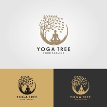 Tree Yoga Logo. Silhouette Of A Person In Meditation In A Round Frame. The Image Of Nature, The Tree Of Life. Design Of The Emblem Of The Trunk, Leaves, Crown And Roots Of The Tree.Yoga Logo Vector,