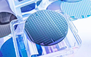 Canvas Print - silicon wafer semiconductor with neon color, integrated circuits to manufacture CPU and GPU