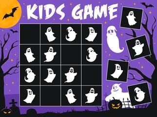 Poster - Sudoku game worksheet, Halloween ghosts on cemetery, vector kids puzzle. Sudoku riddle grid to find and match funny spooky ghosts and ghouls with pumpkin lanterns on cemetery graveyard