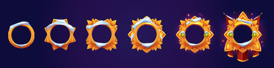 Poster - empty gold ranking frames for game avatars isolated on background. vector cartoon set of award badge