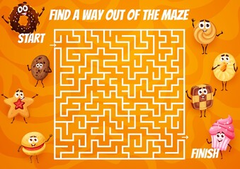 Leinwandbilder - Cartoon bakery pastry cakes and cookies, labyrinth maze or vector game worksheet. Labyrinth riddle to find way or escape maze puzzle with funny desserts, chocolate donut or cupcake muffin with biscuit