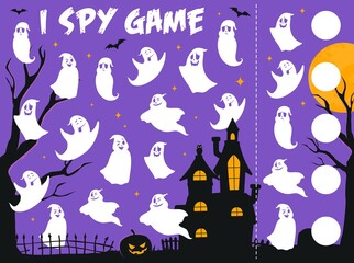 Poster - I spy game, Halloween ghosts on cemetery, cartoon kids puzzle, vector worksheet. I spy riddle game to find and match funny Halloween ghouls and spooky ghosts on scary graveyard with tombstones