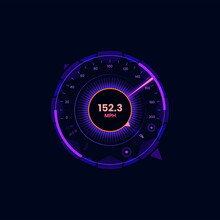 Car Futuristic Speedometer Gauge Dial. Motorcycle Speedometer Display Or Automobile Odometer Neon Vector Scale Or Violet Color Digital Interface. Vehicle Speed Meter Counter With MPH Data And Arrow