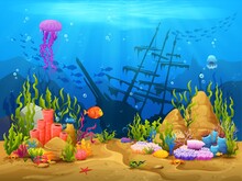 Underwater Game Level Landscape, Corals, Fish Shoal And Sunken Ship, Vector Background. Cartoon Sea And Ocean Underwater Or Undersea Landscape For Game Level, Ship Wrecks And Fishes Of Coral Reef