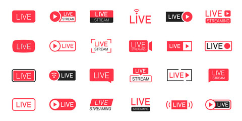 Poster - Set of live streaming icons. Red symbols and buttons of live streaming isolated on white background. Vector illustration..