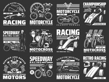 Racing Car, Motorcycle, Bike And Kart Monochrome Icons Of Vector Auto Race Sport, Motocross And Rally. Racing Flag, Vehicle, Course And Open Wheel Car, Speed Competition Trophy Cup, Racer And Helmet