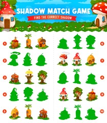 Poster - Fairytale cartoon houses on shadow match game worksheet. Child quiz, kindergarten kids intelligence playing activity or children vector puzzle with find shadow task and fantasy creatures homes