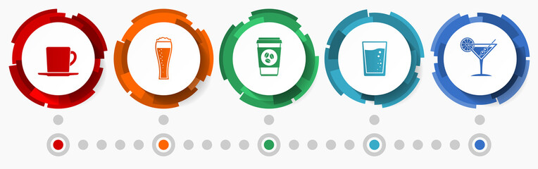 Aufkleber - Drinks, restaurant concept vector icon set, flat design web buttons, colorful infographic template