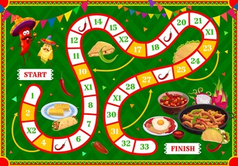 Leinwandbilder - Kids board game, Mexican food characters vector tabletop or step puzzle worksheet. Dice step race game worksheet on start and finish with funny Mexican chili pepper, nachos and tacos in sombrero
