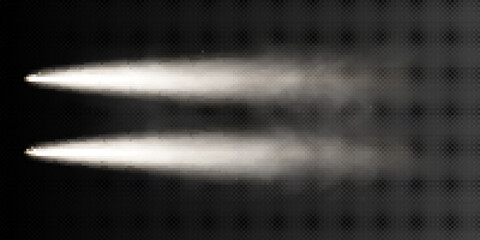 Wall Mural - white car headlight beam top view isolated on dark transparent background, smoky or foggy effect. au