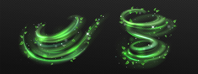 Wall Mural - abstract wind swirls with green leaves and sparkles isolated on transparent background. vector reali
