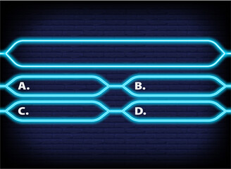 Neon quiz game template. Four options answers for knowledge exam in school, tv show. Vector Illustration 10 eps