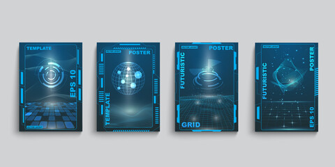 Poster - Techno cyberpunk posters. Liquid art with black futuristic wiggly shapes. Circle monochrome flyer design. HUD blue frames. Space planets and digital grid. Abstract vector templates set