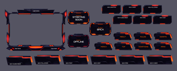 Leinwandbilder - Game live stream panels, overlay frames and buttons with red neon glow. Vector cartoon set of ui interface for webcam video and streaming isolated on background
