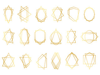 Poster - Geometric gold frames. Luxury line invite borders. Golden modern shapes. Abstract marble cards. Polygon figures set. Isolated elegant diamond metallic forms. Vector pattern background