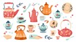 Ceramic crockery. Kitchen cooking tableware with jug, porcelain cup, teapot and colorful pitcher, plate with ornament and glass bowl, food dish tool. Cozy home dining. Vector illustration set