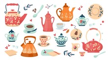 Ceramic Crockery. Kitchen Cooking Tableware With Jug, Porcelain Cup, Teapot And Colorful Pitcher, Plate With Ornament And Glass Bowl, Food Dish Tool. Cozy Home Dining. Vector Illustration Set