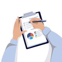 Poster - Table top view. Employee workspace. Office worker writing on paper tablet. Cartoon characters working with infographics. Clipboard with report document. Pen in arms. Vector hands on desk
