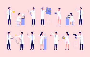 Aufkleber - Scientists research in laboratory. Woman and man doctors in science lab. People characters set in medical uniform. Chemistry experiments. Chemists with test tubes. Vector illustration