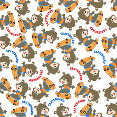  Seamless pattern vector of cute little fox on skate board, For fabric textile, nursery, baby clothes, background, textile, wrapping paper and other decoration.