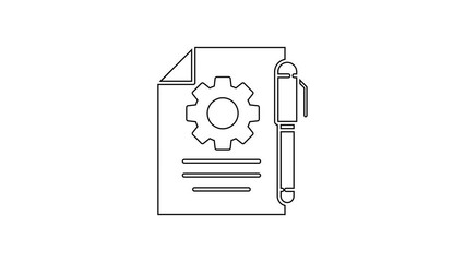 Poster - Black line Document settings with gears icon isolated on white background. Software update, transfer protocol, teamwork tool management. 4K Video motion graphic animation