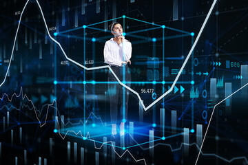 Leinwandbilder - Thoughtful young european businesswoman standing inside abstract cube hologram on blurry blue background. Metaverse, software, future and data center concept. Double exposure.