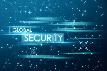 Poster - Creative blue global security and hackig wallpaper with polygonal dots and connections. Malware, safety and phishing concept. 3D Rendering.